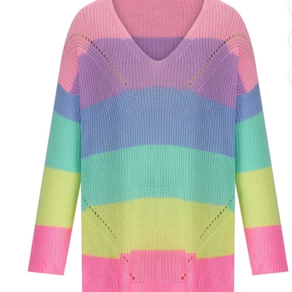 V-Neck Off The Shoulder Sweater Pastel Color Block  Oversized Knit Pullover L - Picture 3 of 11